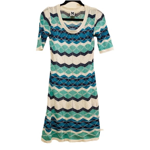 MISSONI  Blue Teal White Chevron Sheer Knit Sweater Dress Size 42 = Sz 6 = S - Picture 1 of 5